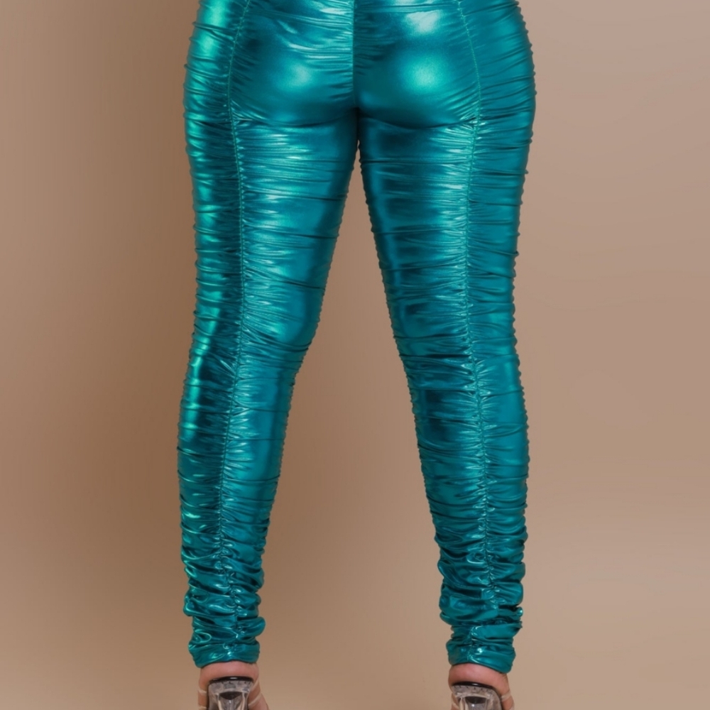 Be Honest Ruched High Waist Pants - Teal Metallic Leggings 1X 14-16